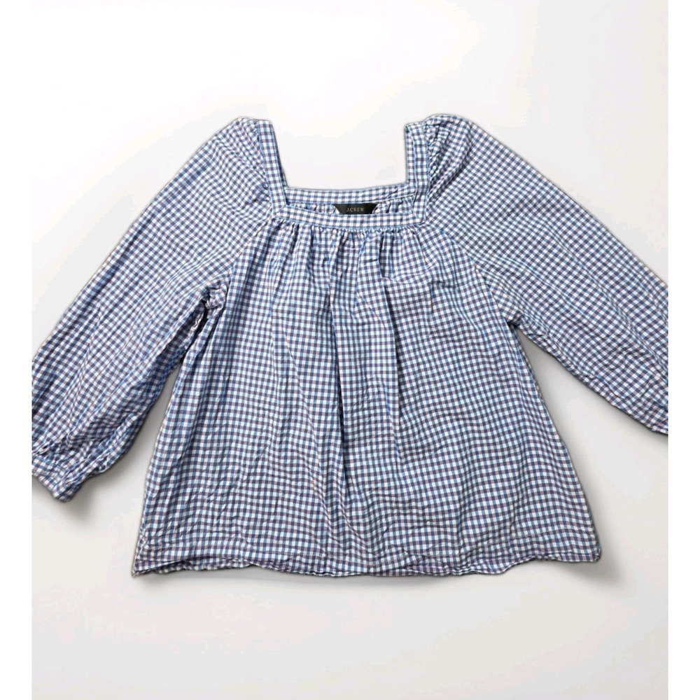 J.Crew Blouse Top Womens 4 Blue Gingham Square Neck Puff Sleeve Office Chic